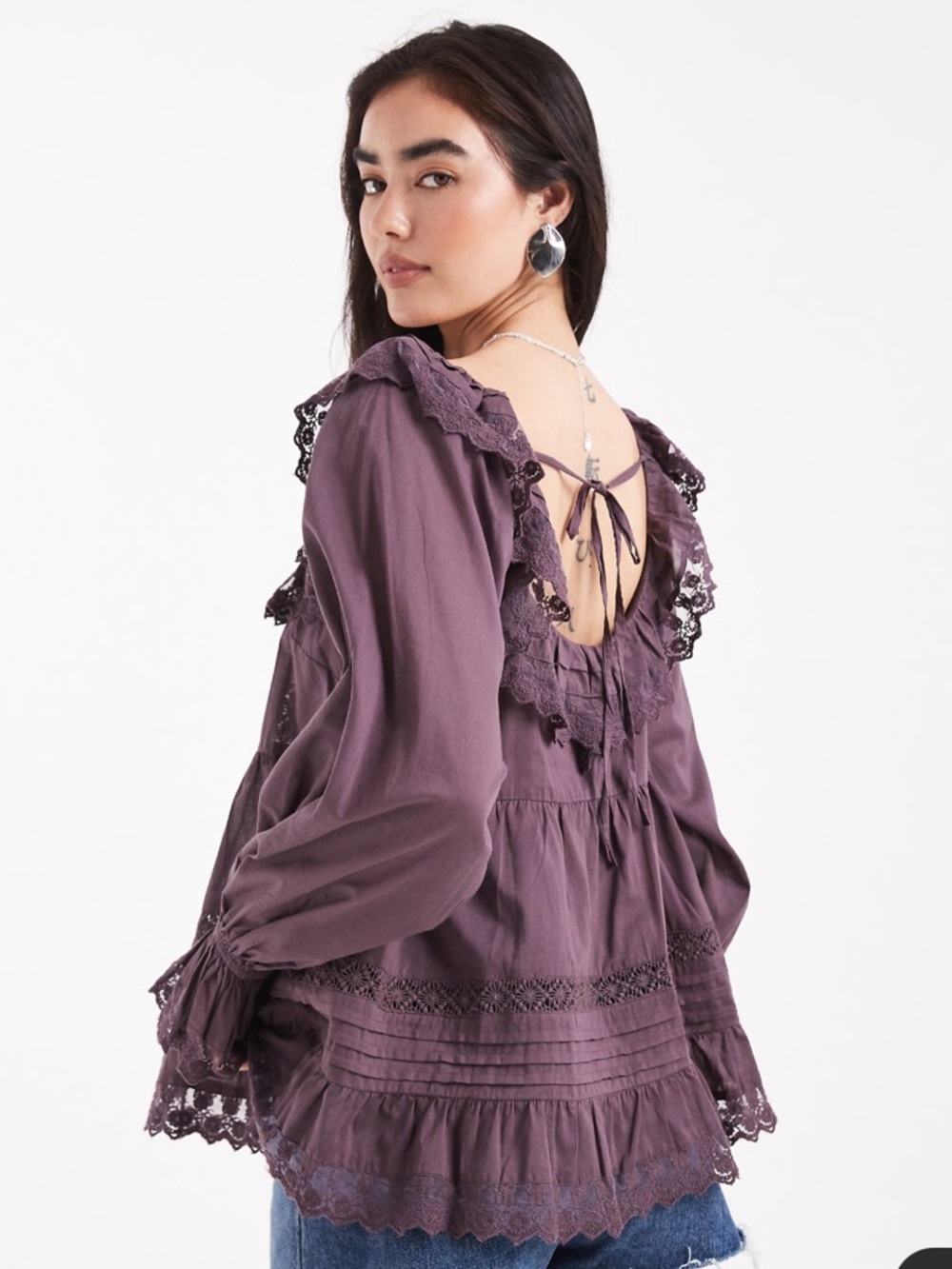 ASOS DESIGN mixed lace and eyelet square neck top in plum